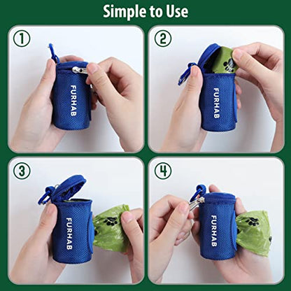 FURHAB Dog Poop Bag Holder for Leash Doggie Waste Bag Dispenser Soft Fabric Puppy Potty Carrier Small Doggy Zipper Pouch with Carabiner Clip 1680D Nylon Oxford with 1 Roll of Pet Trash Bag, Royal Blue - color: Royal Blue