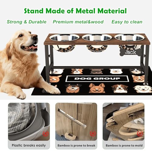 SHAINFUN Adjustable Height Elevated Dog Bowl Stand – Wooden Raised Dog Bowls with Three 58oz Stainless Steel Bowls & Mat for Small to Large Dog Breeds - color: Brown-1.7L-Three