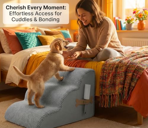 PAWZY Dog Stairs for Medium-Height Beds & Couches, 3-Step Foam Pet Steps 15.5” High for Small Dogs & Cats up to 60 lbs, Wide Non-Slip, Waterproof Washable Zipper Cover, No Assembly, Grey - size: 3 Step