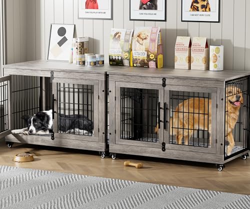 Lulive Dog Crate Furniture Set of 2, Dog Kennel Indoor Double Doors Wooden Dog Cage, 38'' Heavy Duty Dog Crate with Cushion & Wheels, End Table Pet House Chew-Resistant Up to 70 lb, Grey - color: Set of 2 Grey, size: 38.5"L x 25.2"W x 26.8"H