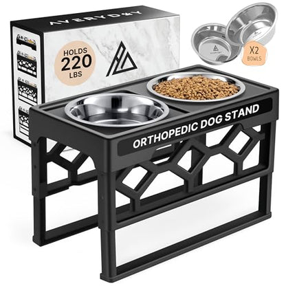 AVERYDAY Small Dog Bowls Elevated, 4 Height Adjustable Raised Dog Bowl Stand with 2 Stainless Steel Food and Water Bowls Set, Tall Dogs Feeding Station with Anti-Slip Base for Small Medium Breeds Dogs - color: Black stand + 2 food bowls, size: Small
