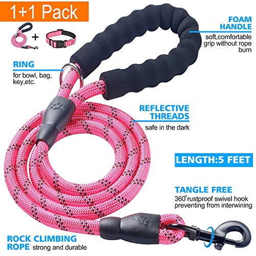 Ladoogo Reflective Dog Collar Padded with Soft Neoprene Breathable Adjustable Nylon Dog Collars for Small Medium Large Dogs (X-Small (Pack of 1), Pink Collar+Leash) - color: Pink Collar+Leash, size: X-Small (Pack of 1)
