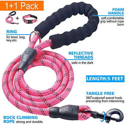 Ladoogo Reflective Dog Collar Padded with Soft Neoprene Breathable Adjustable Nylon Dog Collars for Small Medium Large Dogs (X-Small (Pack of 1), Pink Collar+Leash) - color: Pink Collar+Leash, size: X-Small (Pack of 1)