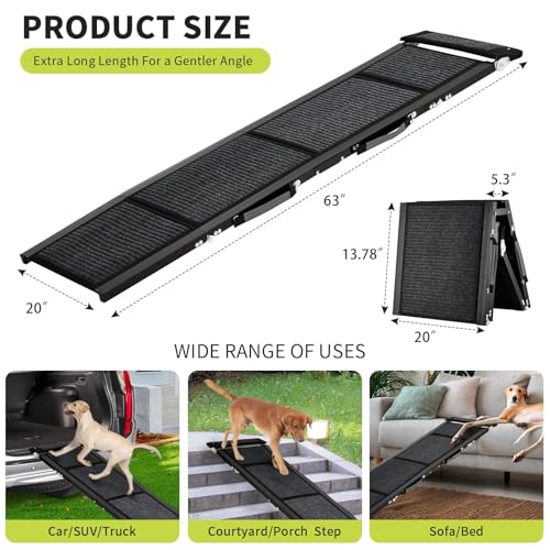 Garvee 20" Extra Wide Folding Dog Ramp for Car, 63" Long Heavy Duty Non-Slip Portable Pet Ramp, Large Dogs Up to 250 lbs, Outdoor & Indoor Use - size: 63" × 20"