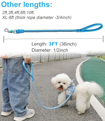 2/3/4/6/10 Foot Reflective Dog Leash Strong Nylon Rope Braided Heavy Duty for Large and Medium Small Dogs Walking Training Leads (Sky Blue, 3ft * 1/2") - color: Sky blue, size: 3ft * 1/2"
