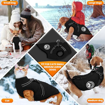 PETCARE Winter Dog Coat with Harness Built in Waterproof Dog Jackets Warm Pet Fleece Vest Windproof Snow Jacket Snowsuit Reflective Dogs Cold Weather Coats for Puppy Small Medium Large Dogs Cats - color: Black, size: L(Chest 16.5" Suggest 8-11 lbs)