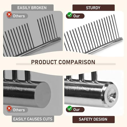 WRW Stainless Steel Dog Combs [4 Pcs], Groom Like a Professional, Coarse Pet Butter Comb for Dog ＆ Cat, Rounded Corners Prevent Friction and Breakage, 4 Sizes of Steel Teeth Fit Most Pet Fur