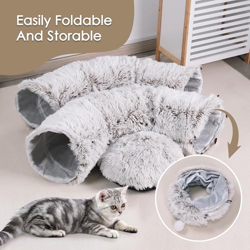 Cat Tunnel Bed for Indoor Cats, Peekaboo Cat Cave with Washable Soft Play Mat, Furry Cat Tube, for Kitten/Puppy/Rabbit, Brown - color: brown