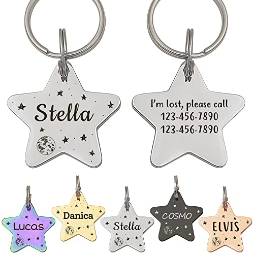 Anavia Starry Sky Theme Pet ID Tags in Half Moon & Star Shape, Personalized Dog Name Tag Cat Tag, Glossy Stainless Steel Gold Plated Black Rainbow Dog Collar Tag (Medium, Star Shape, Silver) - color: Silver, size: Medium, style: Star Shape