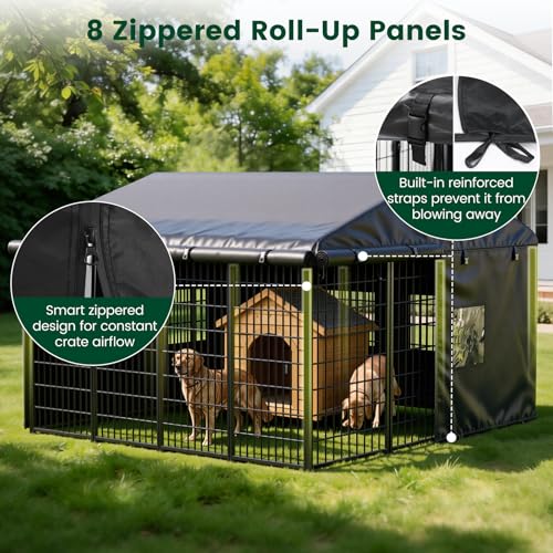 PawGiant Dog Kennel Cover Replacement, Full Coverage Waterproof Tarp for 10x10x6ft Dog Crate with 600D Oxford Fabric, 8 Transparent Window for Enclosure Outside, Large - size: Large