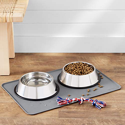 Amazon Basics Waterproof Non-Slip Silicone Pet Food and Water Bowl Mat with Raised Edge, Feeding Placemat to Protect Floors, 24" x 16", Grey - color: Grey, style: 24" x 16"