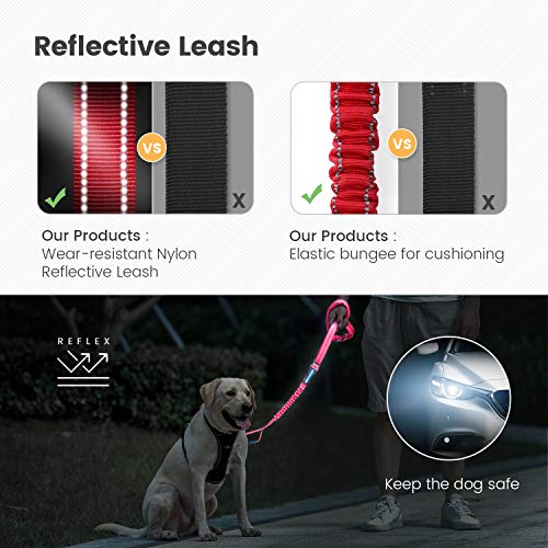 IOKHEIRA Multifunctional Dog Leash for Medium & Large Dogs - Red Adjustable With Car Seatbelt, 4-6 FT Strong Bungee - color: Red