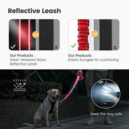 IOKHEIRA Multifunctional Dog Leash for Medium & Large Dogs - Red Adjustable With Car Seatbelt, 4-6 FT Strong Bungee - color: Red