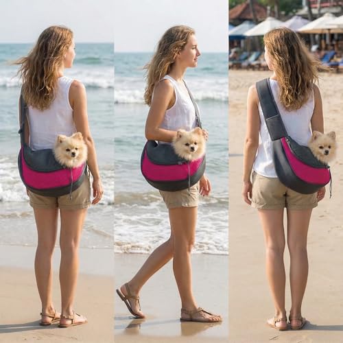 Small Dog Sling Carrier, Sling Pet Pouch to Wear Medium Dog Cat Travel Breathable, Soft-Sided Crossbody Puppy Carrying Purse Bag, L, Rose - color: Rose, size: 16.5"L x 10.2"W x 2.0"H