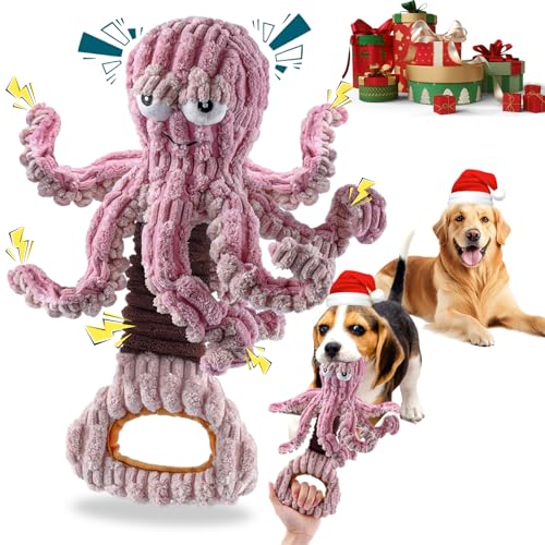 YZHDUXIU Octopus Dog Squeak Toys, Plush Tug of War Dog Toy with Crinkle | Dual sounds: squeaker plus crinkle paper; elastic spring for tug play; soft PP cotton; for dogs 5 to 40 lbs; machine washable - color: Purple Octopus