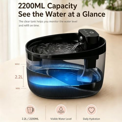 Cordless Cat Water Fountain, Pet Drinking Dispenser with LED Light, 4000mAh Battery Operated, 74oz/2.2L Wireless Fountain for Cats, Dogs and Small Pets (Black Water Fountain)