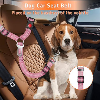 Seyezo 3-Piece Dog Car Harness Set - Retractable, Adjustable, Reflective Dog Seatbelt for Vehicle Headrests - Heavy Duty & High Elastic, Pink - color: 03-2PCS Pink