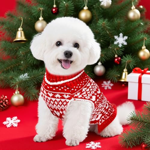 Dog Christmas Sweater Dress with Leash Hole Turtleneck Xmas Girl Dog Clothes Soft Pet Dogs Outfits Warm Fall Winter Puppy Knitted Pullover for Small Medium Dogs Cats（Red Heart,Small - color: Red Heart, size: Small