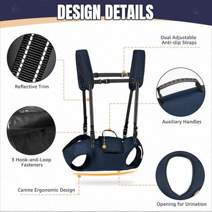 Nasjac Dog Lift Harness, Navy, XL (35-55 lbs) | Full Body Sling Carrier, Adjustable Straps & Control Handle, Breathable Backpack, For Elderly Injured Arthritic Disabled Dogs