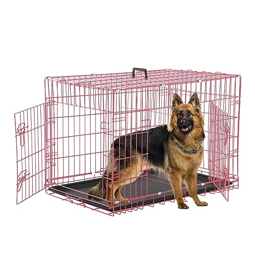 Foldable 42" Dog Crate w/Leak-Proof Tray/Divider - Double Door, Portable & Collapsible for Medium Dogs - color: Pink, size: 42 inch