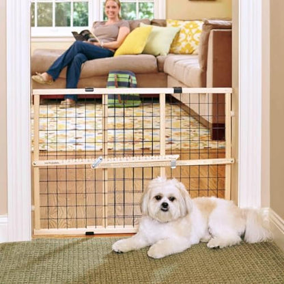 MYPET Wire Mesh Dog Gate: 26.5"-42" Wide Pressure Mounted with No Tools; Expandable, Durable Pet Gates for Doors and Hallways, 23" Tall, Made with Sustainable Hardwood - size: 26.5"-42" Wide, 23" Tall