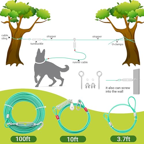 Dog Tie Out Cable - 100 ft Long Dog Cable with 10 ft Run Cable for Yard Training Running Camping Hiking Outdoor - Heavy Duty Chew Proof Lead Leash with Buffer Spring for Small Medium Large Dogs - color: Green