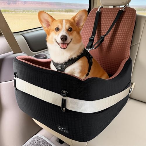 PETSFIT Dog Car Seat for Small/Medium Dogs Up to 35 lbs – Patented Safety System, 5" Memory Foam Pet Booster Car Seat, Fully Detachable and Washable Dog Carseat with 2 Storage Pockets (Black/Brown) - color: Black/Brown