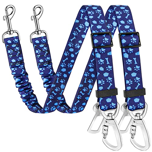 SlowTon Dog Seatbelt, 2 Pack Dog Seat Belt Car Leash Adjustable Elastic Bungee Buffer Heavy Duty Nylon Reflective Pet Safety Tether Connect to Dog Harness for Travel Riding in Vehicle (Daul Clip, BL) - color: Blue