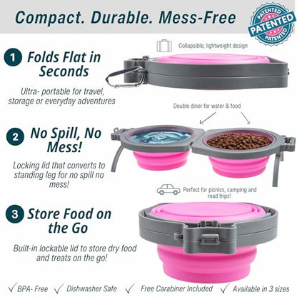 Loving Pets Bella Roma Double Diner Collapsible Dog Bowls - Silicone Dog Bowls, Foldable Bowl, Puppy Essentials & Hiking Pet Supplies Great for Home & Travel (Pink, Small) - color: Pink