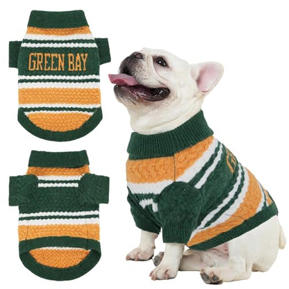 Green Bay Small Dog Sweater Football Theme Turtleneck Knit Dog Sweaters for Small Pets Warm Winter Cat Dog Clothes - color: Green&yellow, size: Large