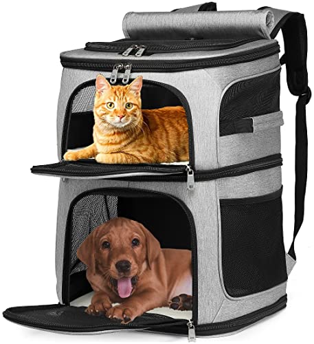 Double Cat Carrier, Cat Backpack Carrier for 2 Cats, Multi Dog Backpack, Two Cat Carrier with 7 Ventilation Windows, Built-in Frame and Support Plate, Safety Straps, Collapsible, Perfect for Travel - color: Grey Double
