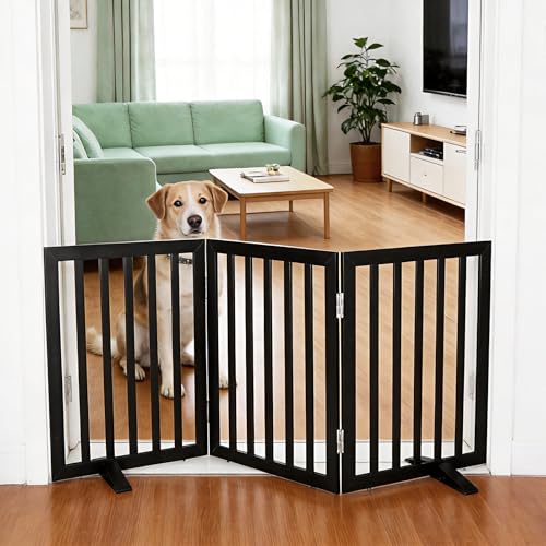 ZJSF Freestanding Indoor Dog Gate for House Foldable Wood Puppy Gate for Doorways Pet Gate for Stairs Extra Wide Pet Fence, Black, 24" Height 3 Panels - color: Black, size: 【3 Panels】60''w x 24''h