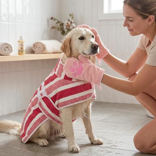 Quick Drying Dog Bathrobe for Large Dogs - Coral Fleece Super Absorbent Pet Towel Robe with 2 Drying Gloves, Adjustable Velcro and Button Closure, XL Size, Red - size: XL