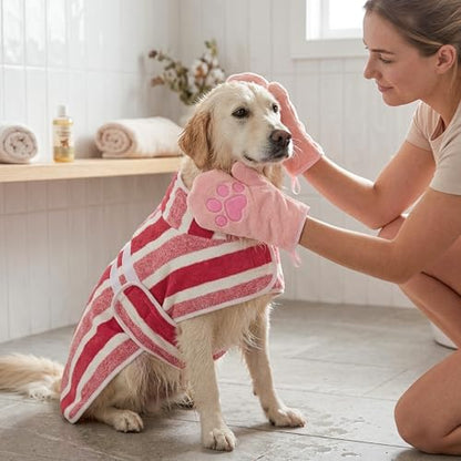 Quick Drying Dog Bathrobe for Large Dogs - Coral Fleece Super Absorbent Pet Towel Robe with 2 Drying Gloves, Adjustable Velcro and Button Closure, XL Size, Red - size: XL