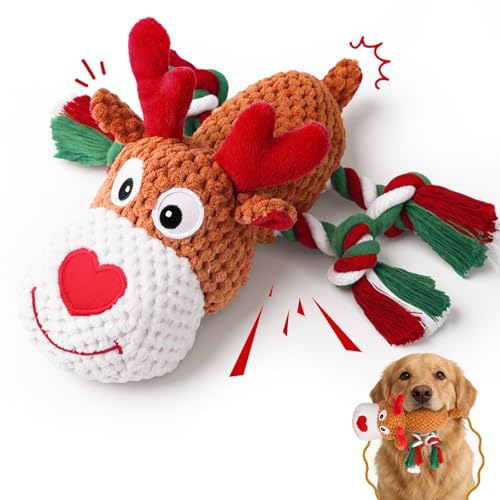 Plush Rope Reindeer Dog Toy – Durable Squeaky Tug Toy for Small, Medium Dogs, Interactive Chew & Fetch Puppy Toy - color: Christmas Colors