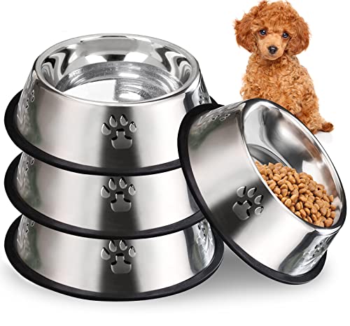 Hamiledyi Stainless Steel Dog Cat Bowl with Rubber Base 4 Pack Pet Feeder and Water Bowls Stackable Non-Slip Puppy Dishes for Small Medium Animals Kitten Rabbit - size: Large