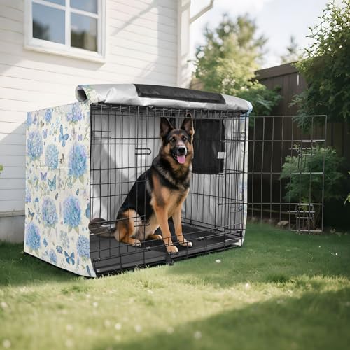 Blue Hydrangeas Dog Crate Cover, Waterproof Windproof Pet Cage Cover, Polyester Sunshade Kennel Cover with Breathable Mesh Fit for 35 in Wire Cage - size: S - 35”L x 22”W x 22”H