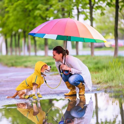 3 Pcs Dog Raincoat Shoes and Leash Set with Reflective Strip Yellow Adjustable Waterproof Rain Jacket Coat Poncho Hoodies for Small Medium Dogs Pets Walking