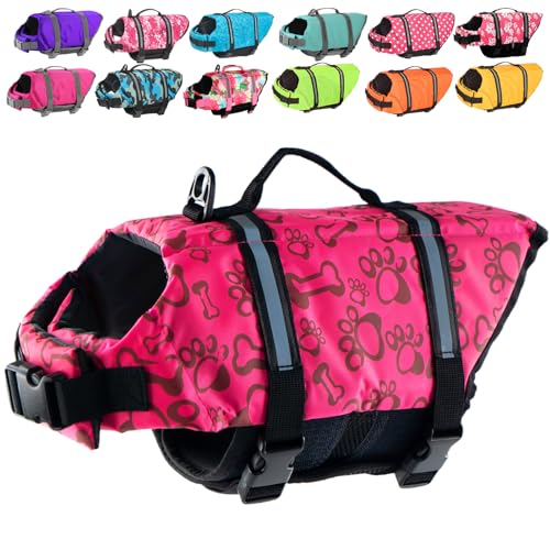Doglay Dog Life Jacket with Rescue Handle, Dog Life Vest for Swimming Boating, Adjustable Reflective Puppy Swim Vest with Superior Buoyancy for Small Medium Large Dogs - color: pink bone, size: XX-Small