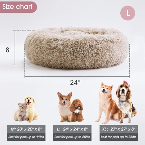 Calming Dog Bed & Cat Bed, Anti-Anxiety Donut Cuddler Warming Cozy Soft Round Bed, Fluffy Faux Fur Plush Cushion Bed for Small Medium Dogs and Cats (20"/24"/27"/30") - color: Brown, size: 24.0"l x 24.0"w x 7.0"th
