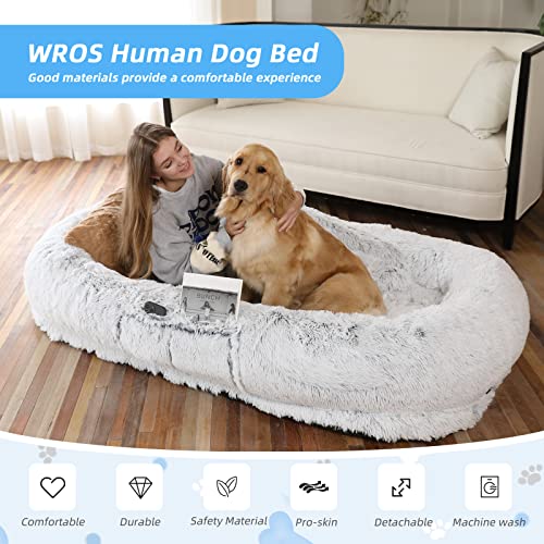 WROS Human Dog Bed - 71"x45"x12" Fits You & Pets, Washable Faux Fur, Orthopedic, Plump Pillow, Blanket, Strap - Grey - color: Grey