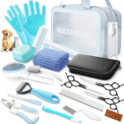 19PCS Dog Bath Kit & Dog Brush Kit for Dogs & Cats - Professional Pet Grooming Tools Set with Shedding Brush, Bath Scrubber, Dematting Comb & Storage Bag - Complete Dog Washing Essentials, Blue - color: 19PCS-Blue