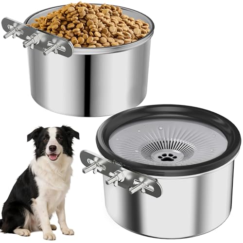 2 Pcs No Spill Dog Water Bowl for Crate, 2.5L Stainless Steel Hanging Kennel Bowls with Adjustable Height, Anti-Splash Water & Food Bowl Set for Cage Kennel Crate, Medium Large Dogs (Black) - color: Black