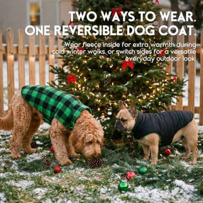 ASENKU Dog Winter Coat, Fleece Doggie Jacket Plaid Reversible Vest Waterproof Windproof Cold Weather Clothes for Small Medium Large Dogs (XS, Green) - color: Green, size: X-Small