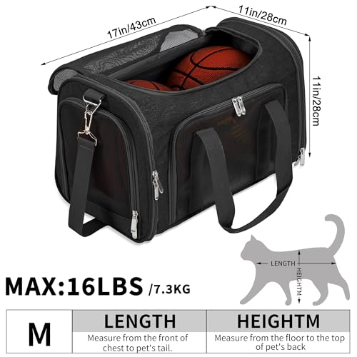 Soft-Sided Cat/Dog/Pet Carrier, Collapsible Pets Travel Carriers for Big Cats/Small Dogs with Shoulder Strap & Removable Mat, Mesh Puppy Carry Bag, Up to 16 Lbs, TSA Airline Approved(Black) - color: BLACK, size: 17"L x 11"W x 11"H