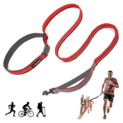 Tuff Pupper Hands Free Bungee Dog Leash | Lightweight for Running Jogging Walking | Adjustable Padded Waist Belt (24-50 inch) | Bungee Stretch 3 to 6 Feet | Strong Ballistic Nylon w/Reflective Strips - color: Fiery Red