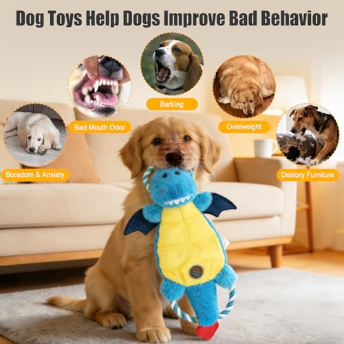 Interactive Squeaky Dog Chew Toy, Tough Plush Dog Toys for Chewers, Small, Medium & Large Dogs, Plush with Double Rope Handles for Tug of War, Mess-Free, Blue - color: Blue