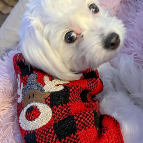 KYEESE Dog Christmas Sweater with Reindeer Pattern Cozy Winter Outfit Boy Girl Red Buffalo Plaid Knitwear Turtleneck Dog Sweater for Small Dogs with Leash Hole Soft Warm Pet Clothes, Small - color: 3#Christmas, size: Small (4-7lbs)