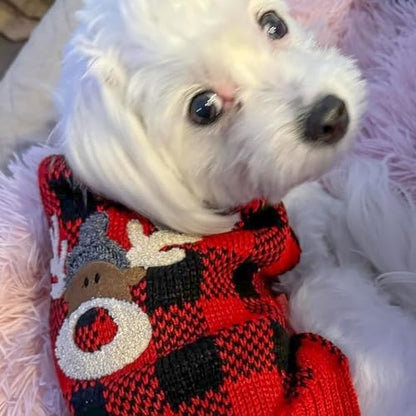 KYEESE Dog Christmas Sweater with Reindeer Pattern Cozy Winter Outfit Boy Girl Red Buffalo Plaid Knitwear Turtleneck Dog Sweater for Small Dogs with Leash Hole Soft Warm Pet Clothes, Small - color: 3#Christmas, size: Small (4-7lbs)