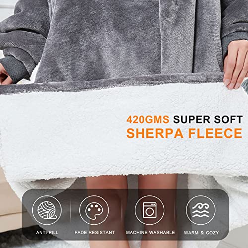 Cozystar Wearable Blanket Hoodie with Giant Pocket （Pet Won't Leave） Extra Soft Sherpa Fleece Thick Warm ＆ Cozy Oversized Sweatshirt Blanket Jacket with Sleeves-Grey